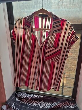 Adrienne Vittadini Striped Short-Sleeve Button-Up Top - Pink/Black/White